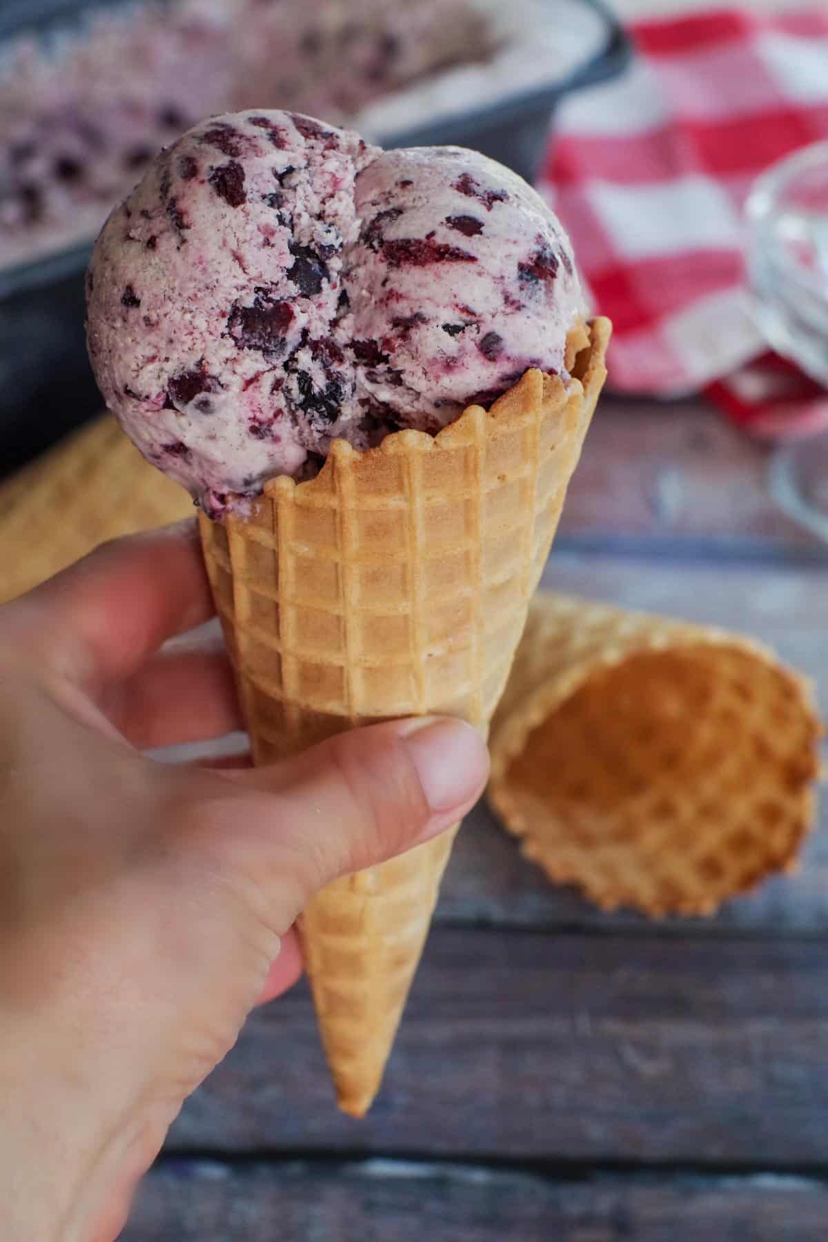 hand holding Saskatoon Berry ice cream in a waffle cone
