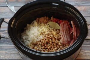 slow cooker baked beans ingredients in crockpot