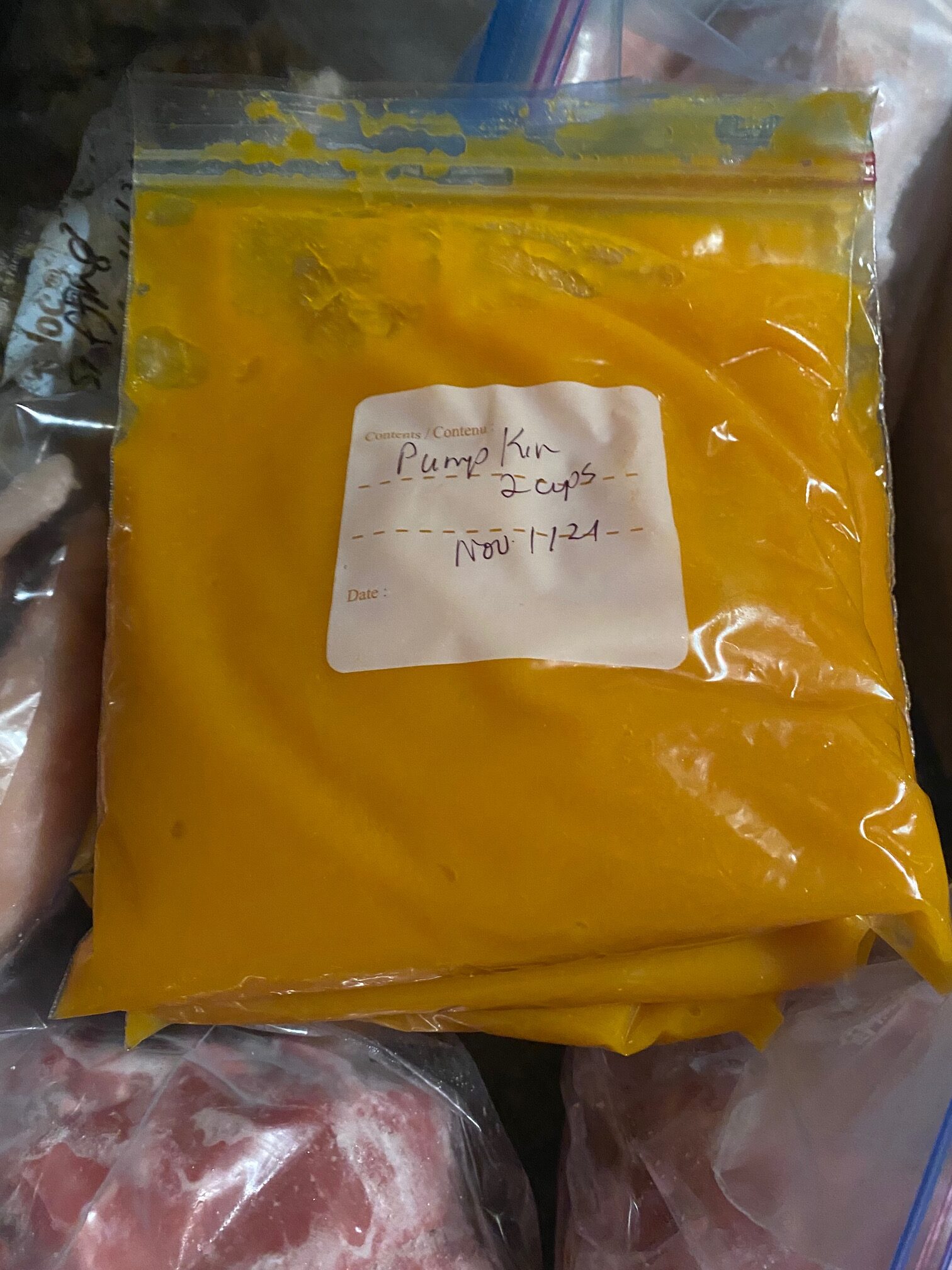 cooked pumpkin puree in freezer bags