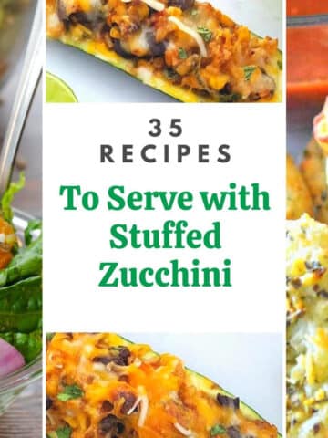 collage of 3 photos of what to serve with stuffed zucchini with text on white background in middle