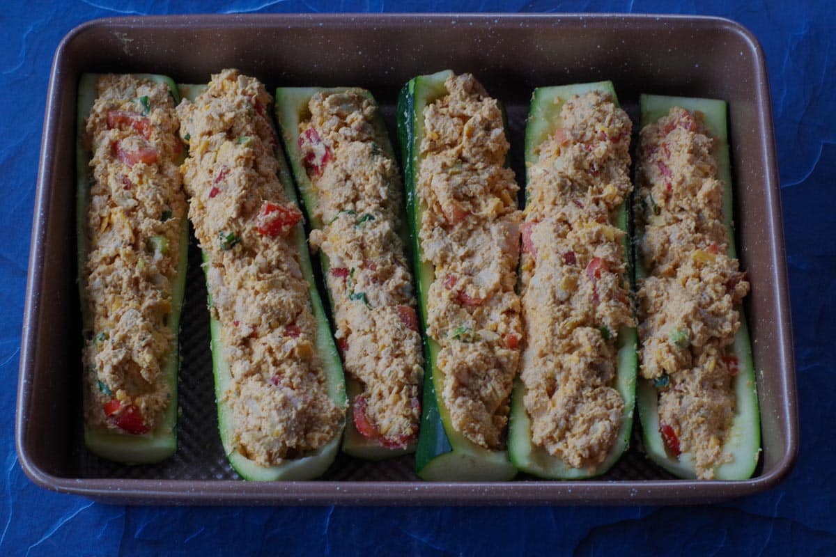 stuffed zucchini in baking dish