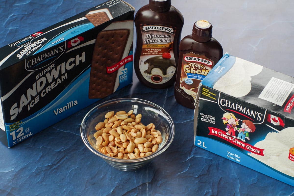 ingredients in buster bar cake on blue surface