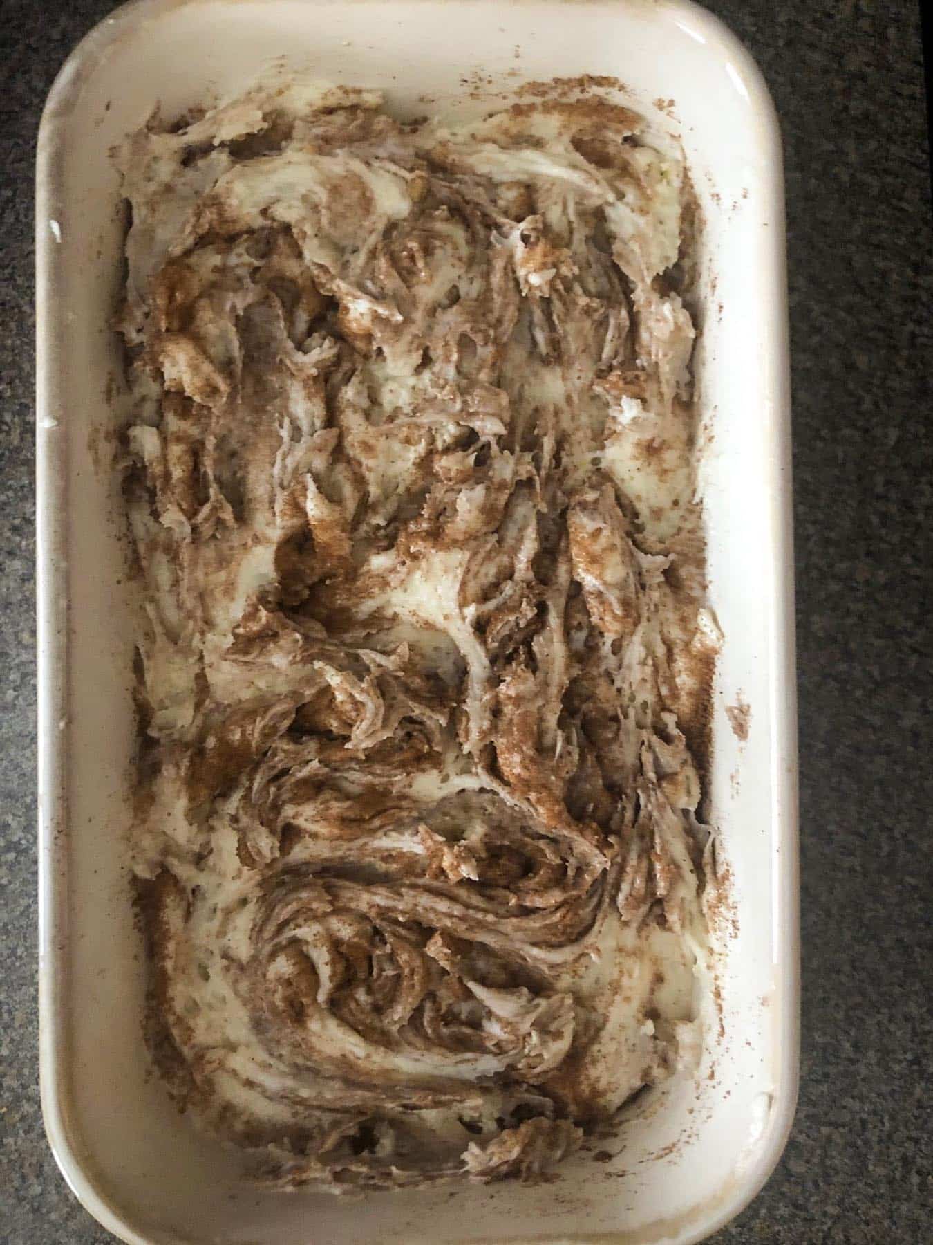 more batter added to loaf pan (and swirled in)