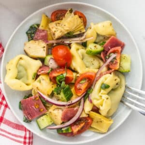 Tortellini salad on a white plate with a fork