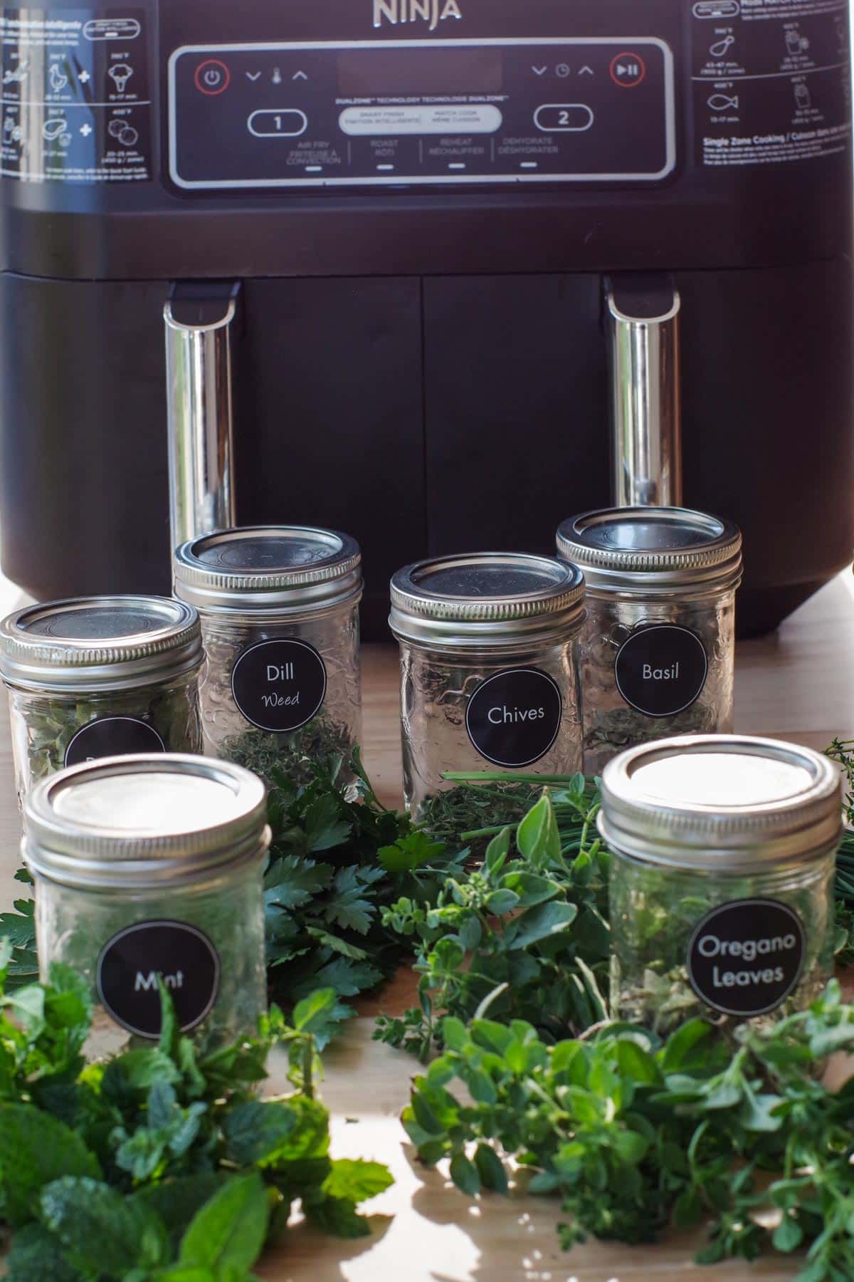 resh herbs and jars of dried herbs, labelled with black round labels and a Ninja Foodi Air Fryer in the background