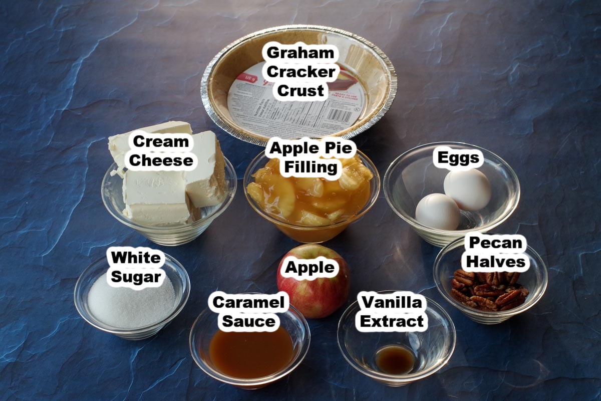 ingredients in caramel apple cheesecake pie labelled, in glass bowls