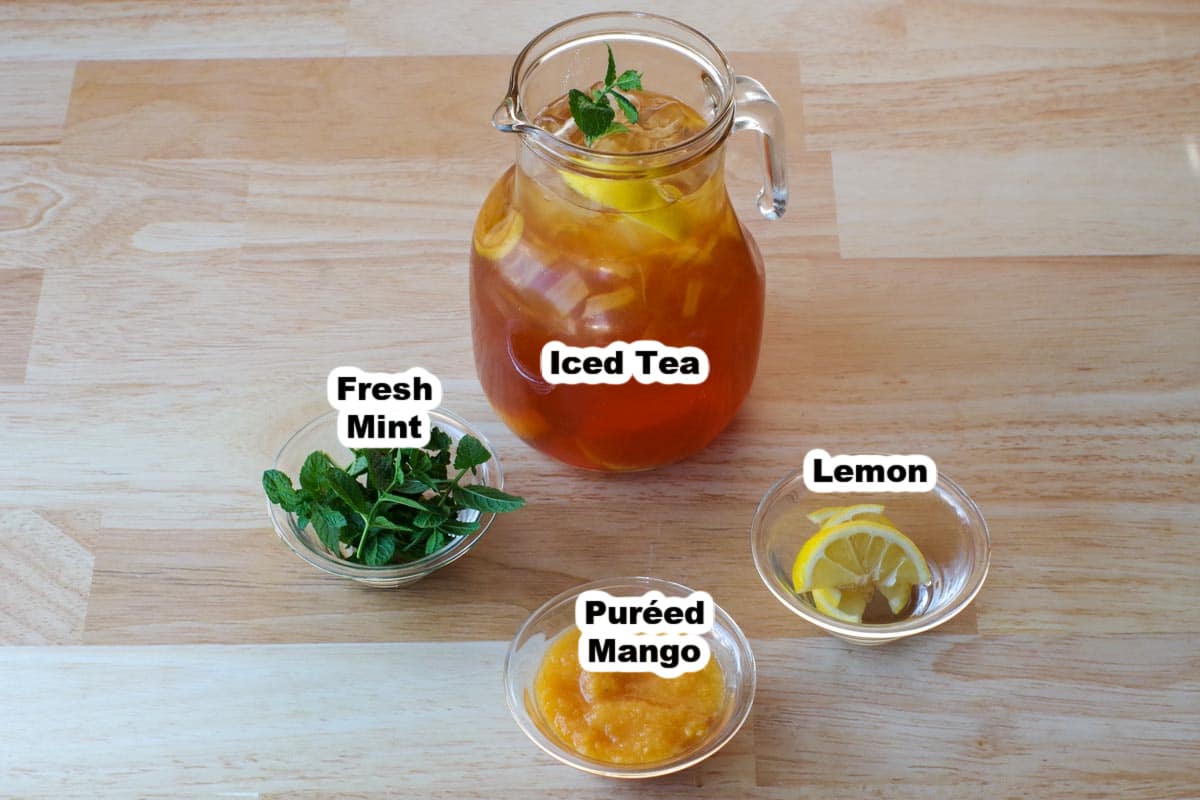 ingredients in Miami ice labelled in glass jars and pitcher