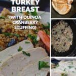 collage of 4 photos of slow cooker turkey breast with quinoa cranberry stuffiing