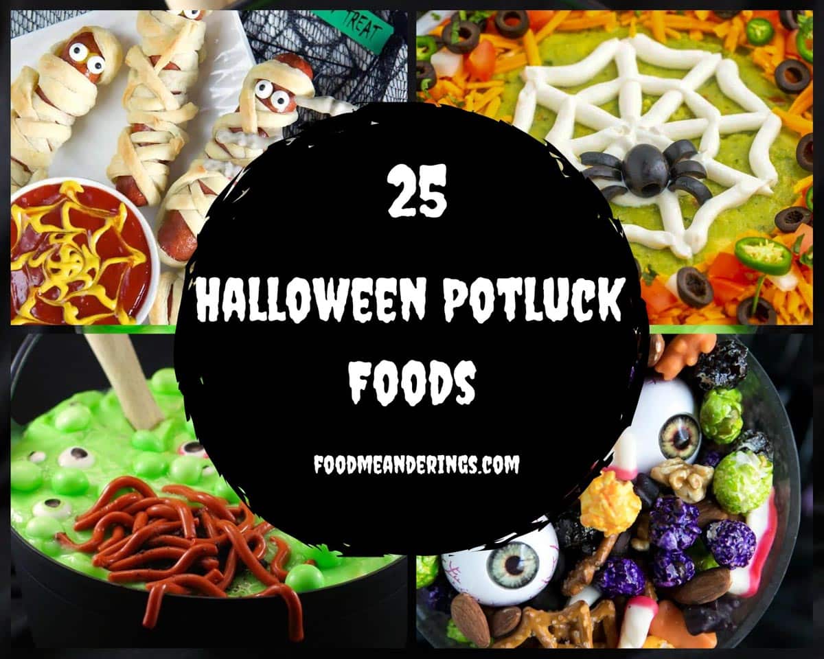 collage of 4 photos of Halloween potluck foods with white text on black background in the middle