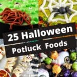 collage of 4 photos of Halloween potluck foods with white text on black background in the middle