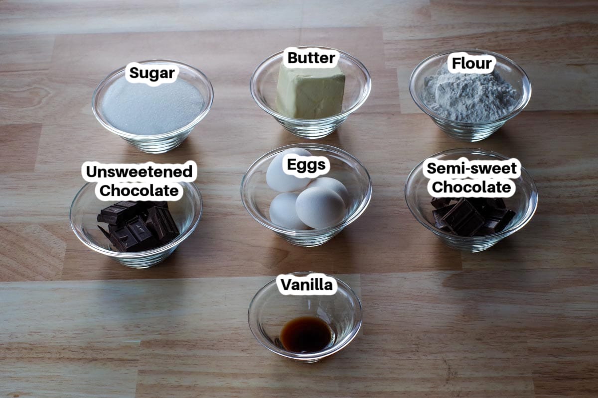 ingredients in chocoholic chocolate squares in glass bowls, labelled