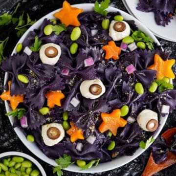Halloween pasta salad in a white bowl