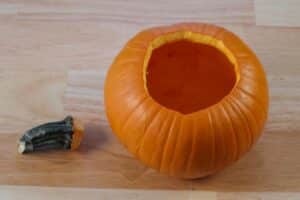 hollowed out pumpkin with trimmed stem.