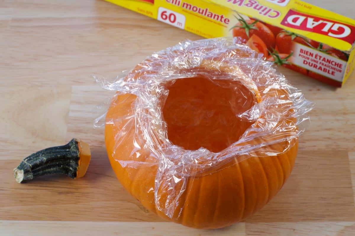 pumpkin lined with saran wrap
