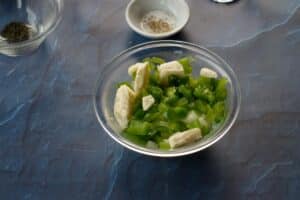 onion, butter and green pepper in a small glass bowl