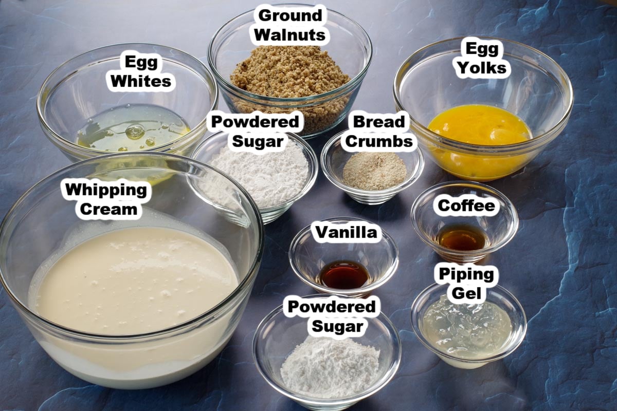 ingredients for Ukrainian Walnut Torte in glass dishes, labelled