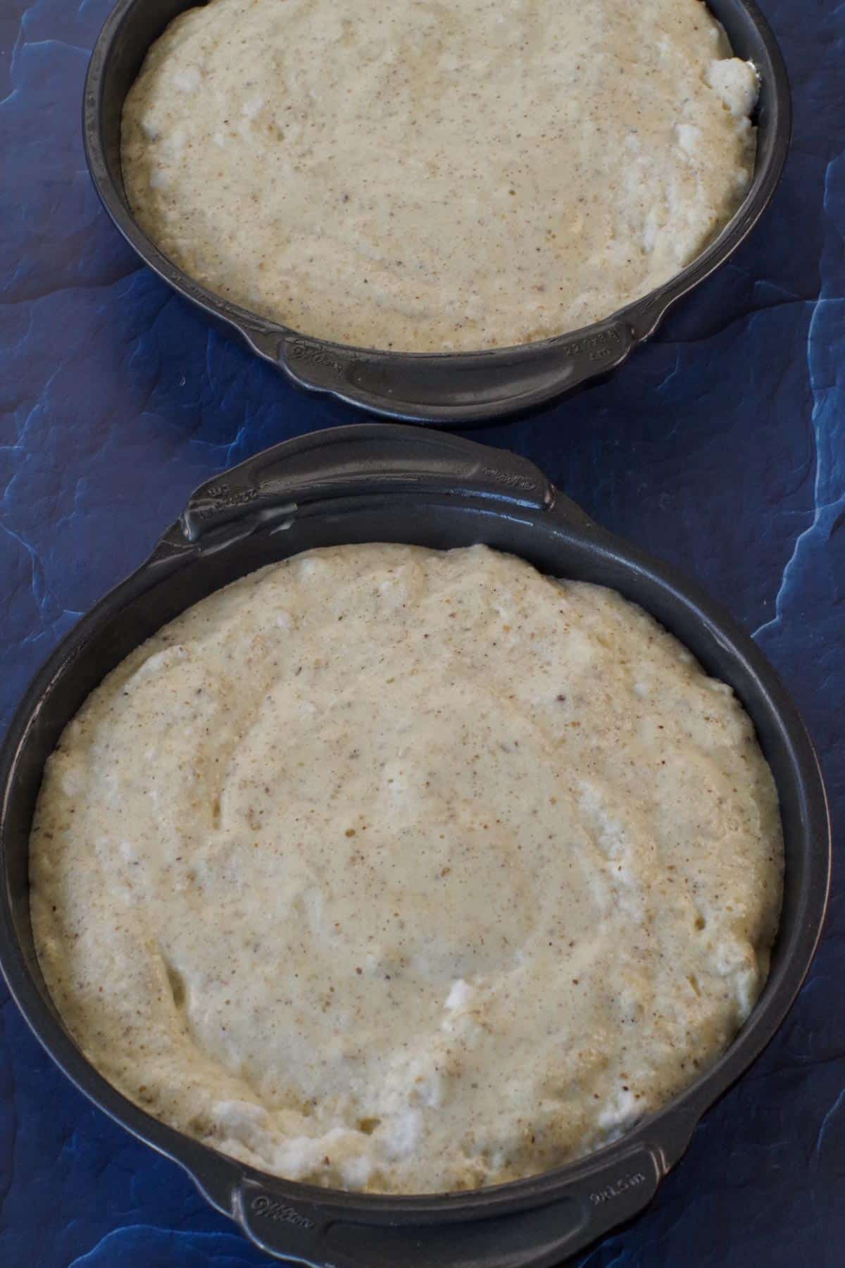 batter poured into 2 round layer cake pans