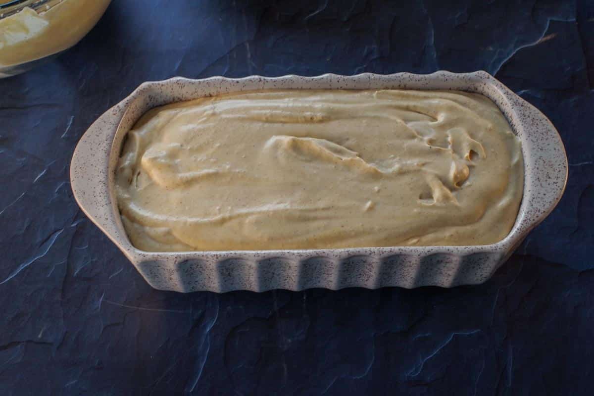 pumpkin pie ice cream in a ceramic loaf pan