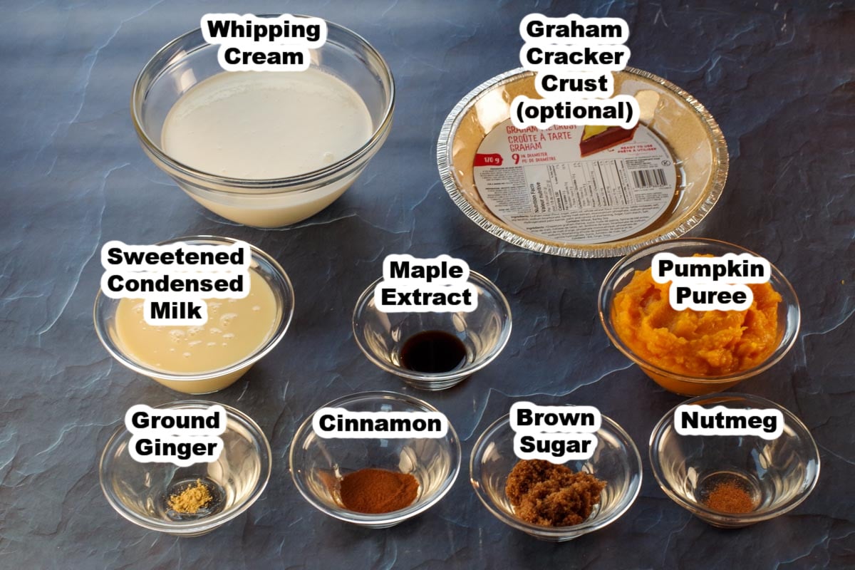 pumpkin pie ice cream ingredients in glass dishes, labelled
