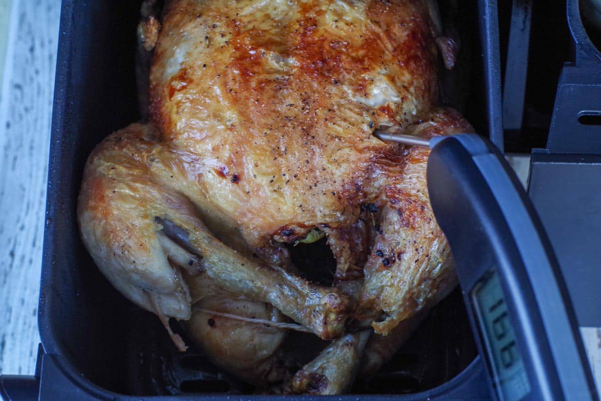instant read thermometer taking temperature of air fryer roast chicken