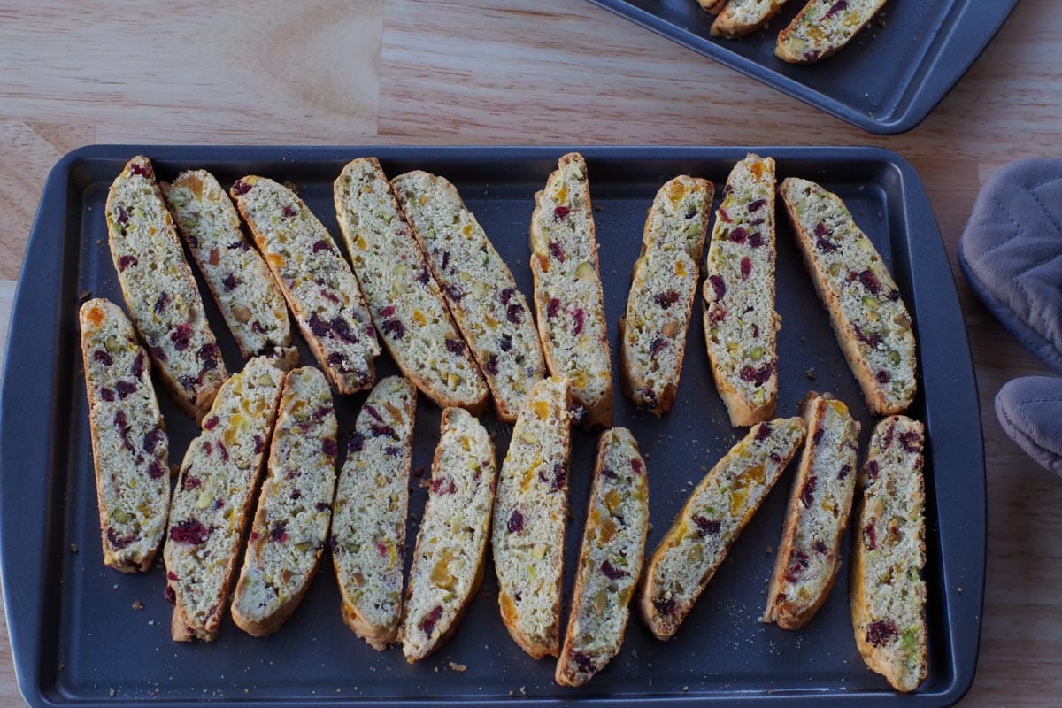 pieces of biscotti, cut side down on cookie sheet