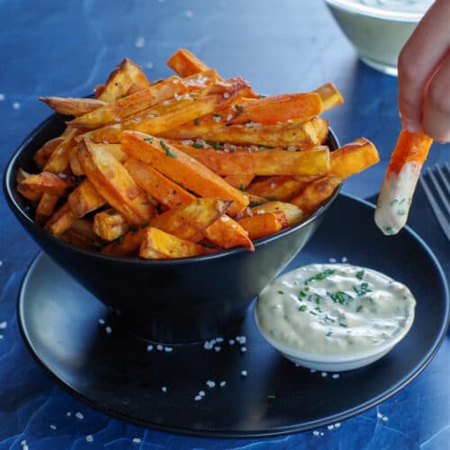 Oktoberfest Beer Sweet Potato Fries {Spiced Balsamic Dipping Sauce}