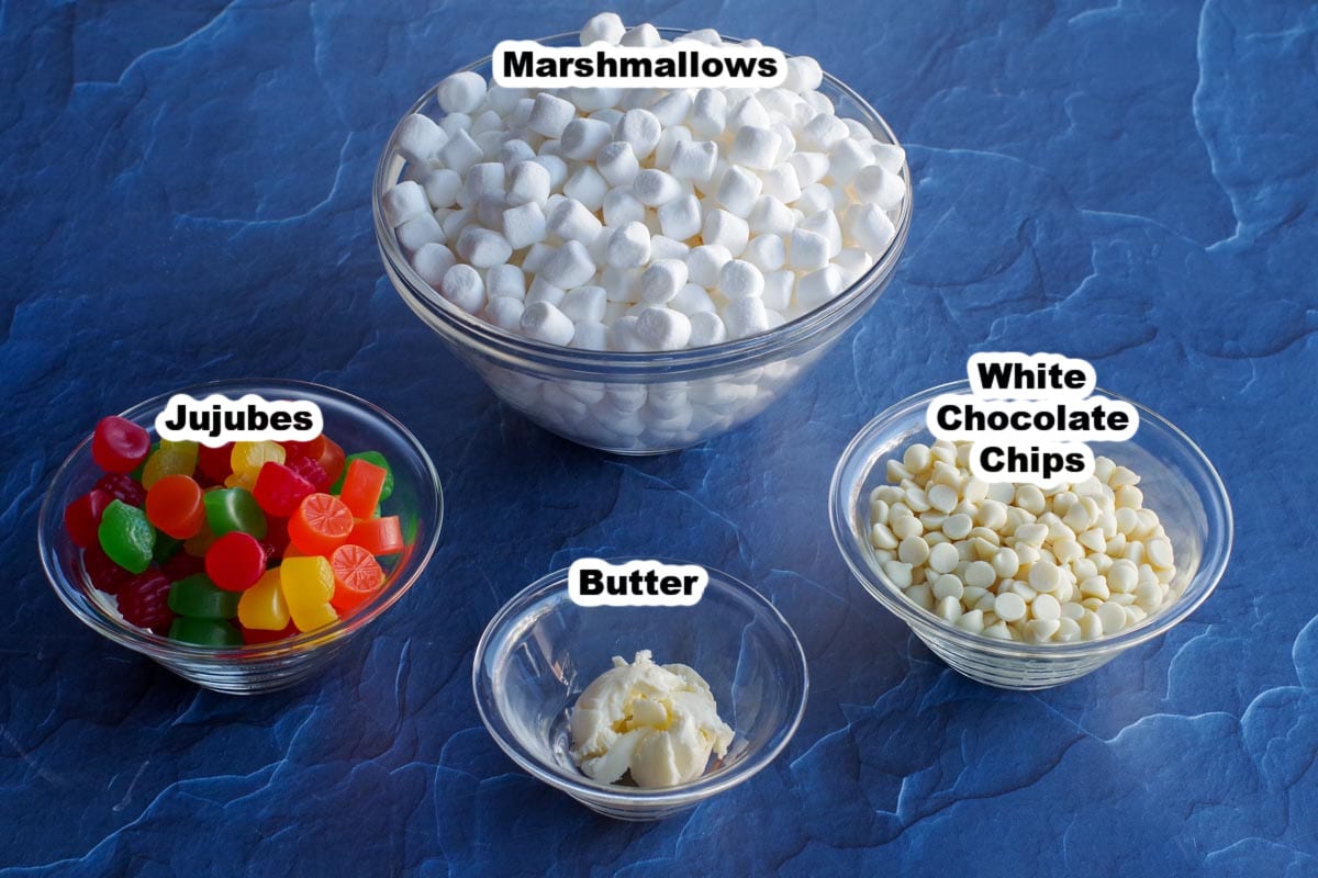 Ingredients in Christmas Nougat, in glass bowls, labelled in black with white outlining