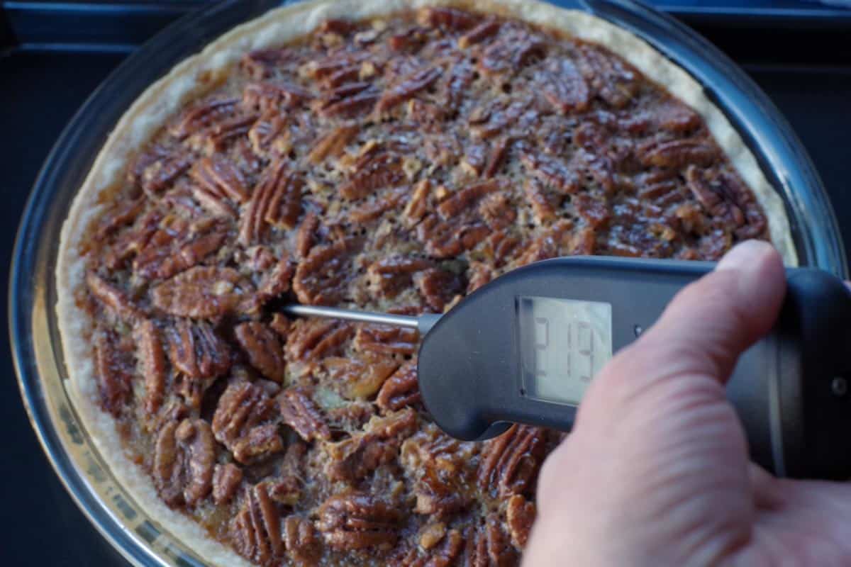 pecan pie with instant read thermometer