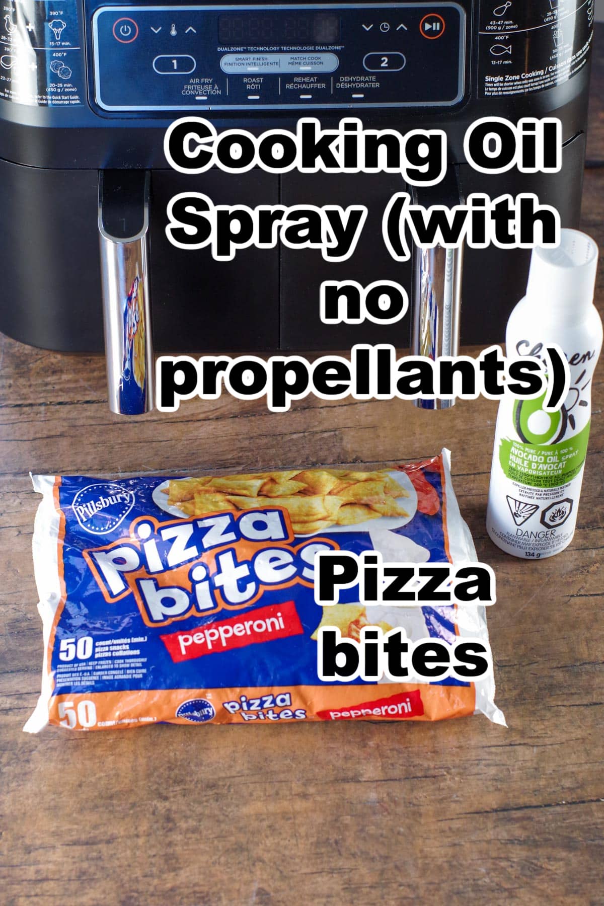 ingredients for air fryer pizza bites, labelled, in front of air fryer