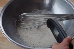 whisked eggs in a stainless steel bowl with instant read thermometer