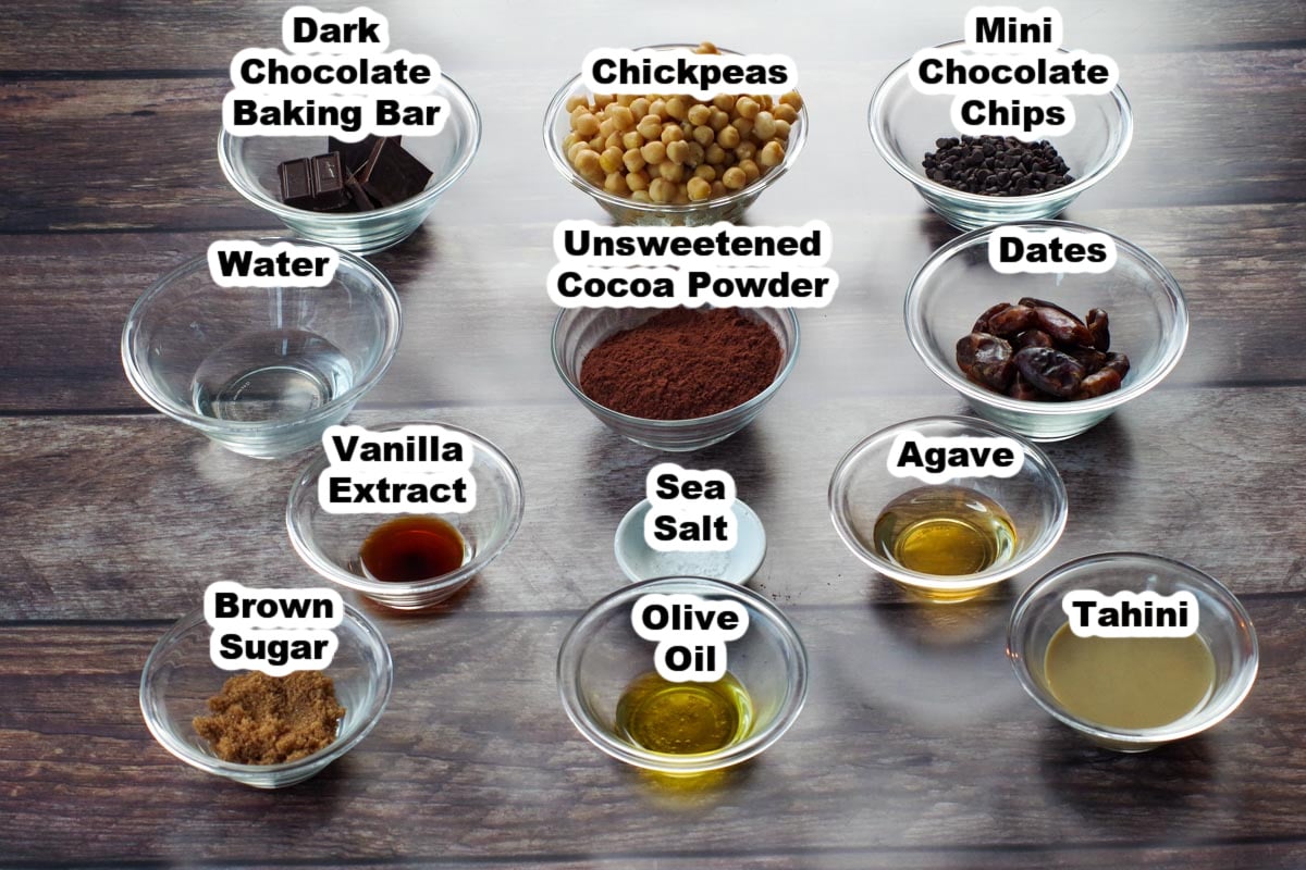 ingredients in dark chocolate hummus, in glass bowls, labelled