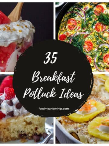 4 photos of breakfast potluck recipe ideas with white text on black circle in the middle
