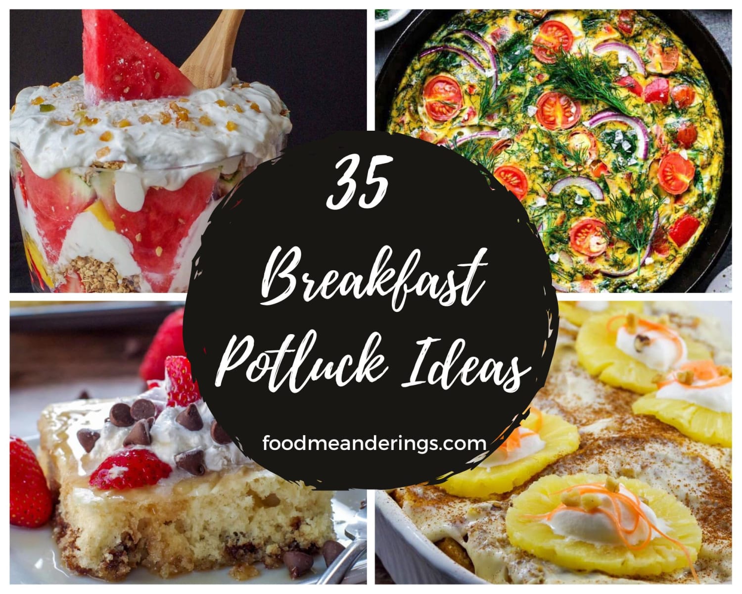 4 photos of breakfast potluck recipe ideas with white text on black circle in the middle