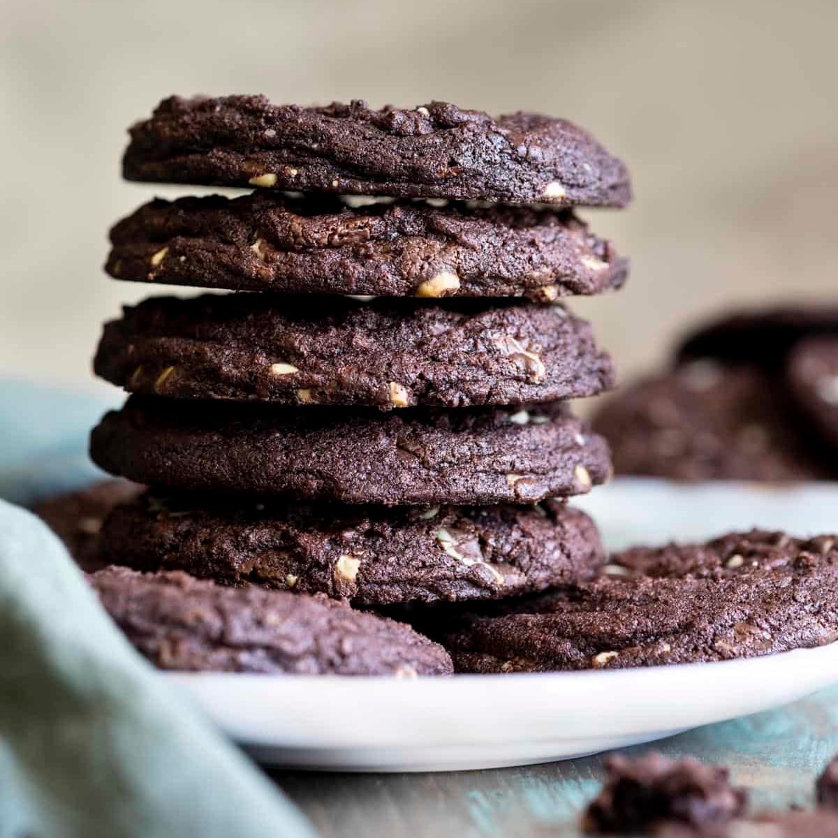 Baileys Chocolate Mint cookies stacked on a white plate