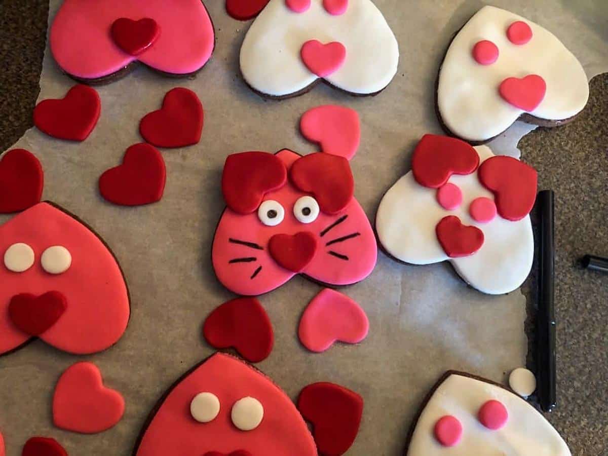 Heart-shaped cat cookies with some done (with whiskers etc)