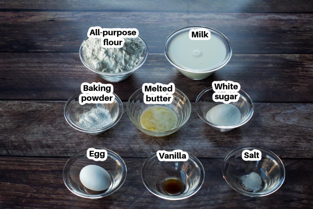 ingredients in old fashioned pancakes in glass bowls, labelled