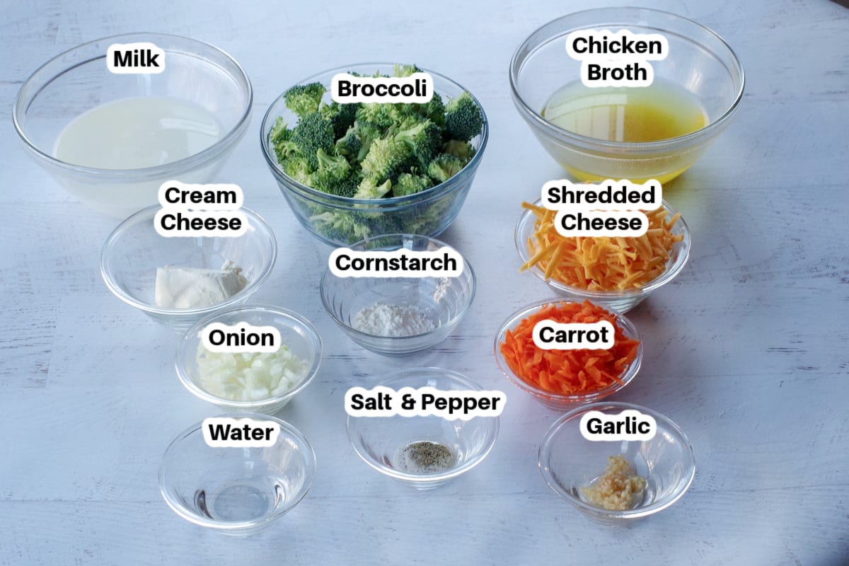 ingredients in broccoli cheese soup, in glass dishes, labelled