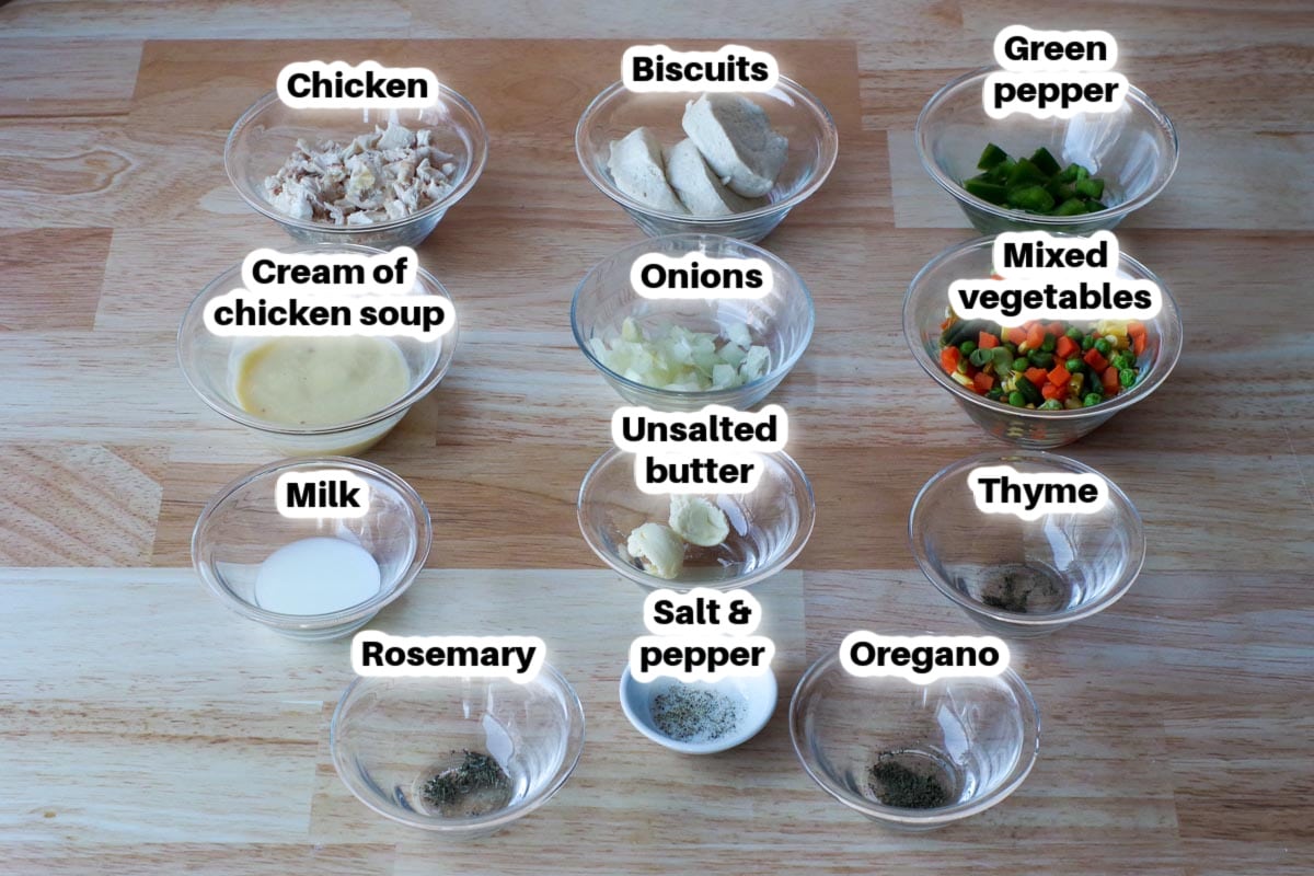 ingredients in chicken pot pie, in glass dishes, labelled