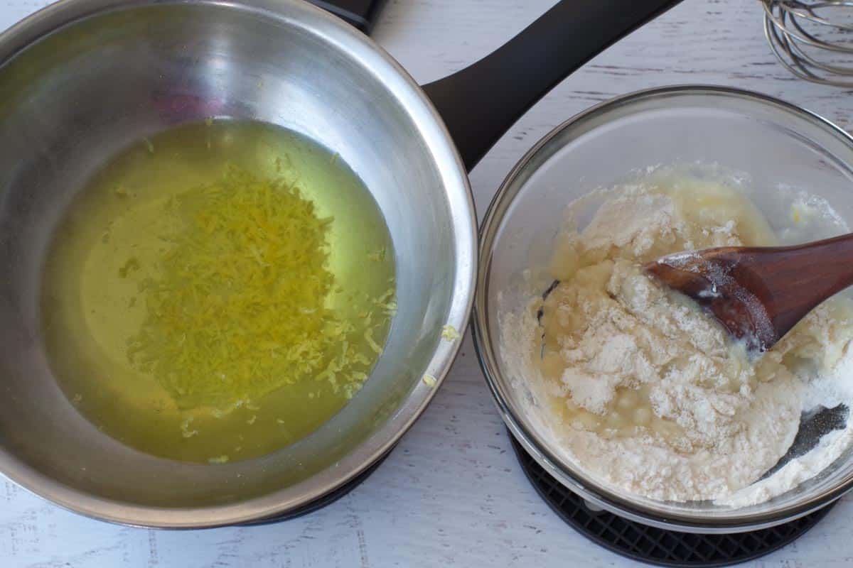 flour mixture with a little boiling water lemon mixture