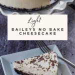 A slice of Light Baileys No Bake Cheesecake on a white square plate, with the remainder of the cake in the background.