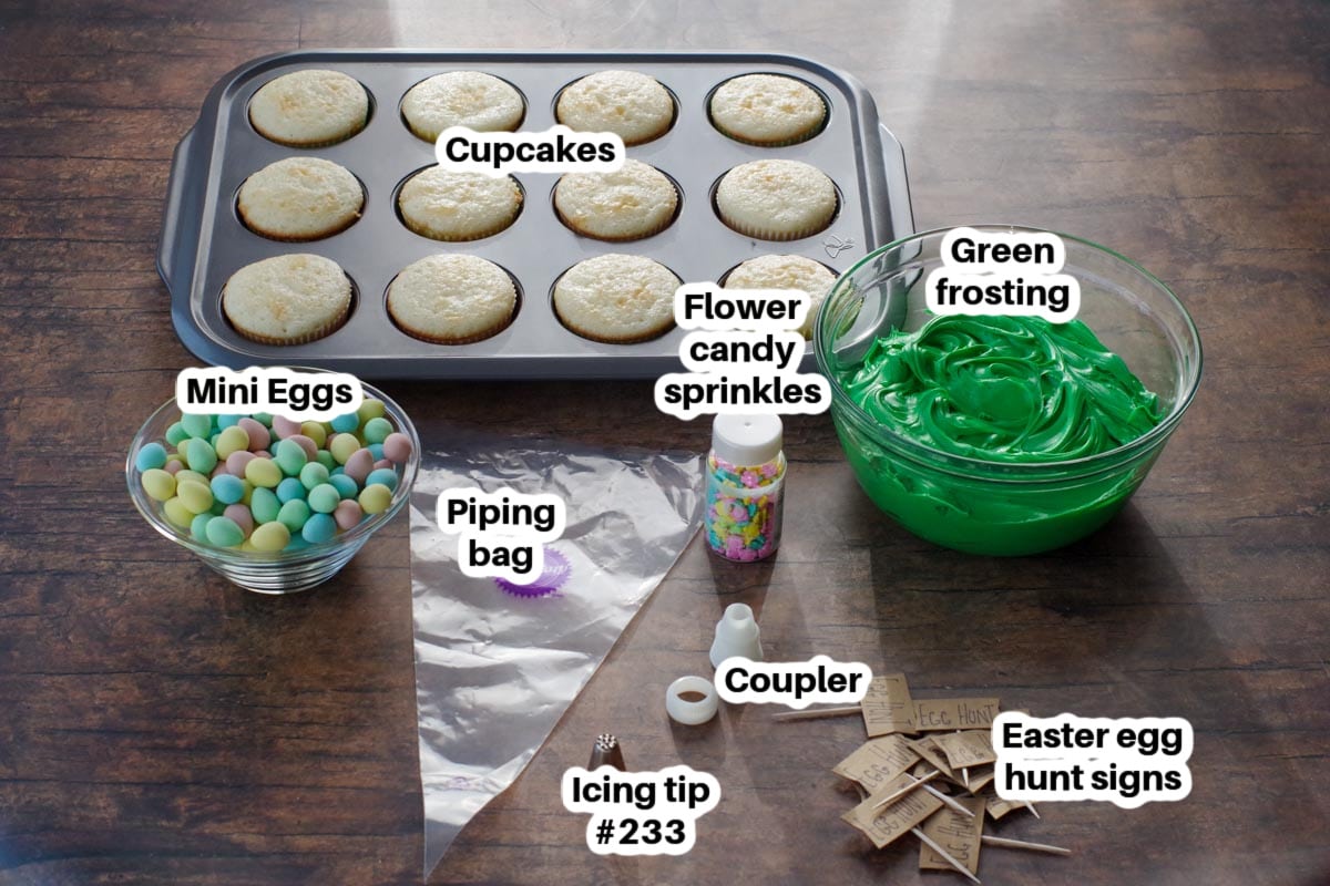 ingredients for mini egg cupcakes on a brown surface, labelled