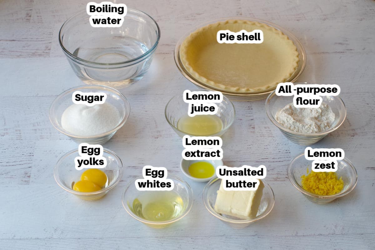 ingredients in old fashioned lemon pie, in glass dishes, labelled