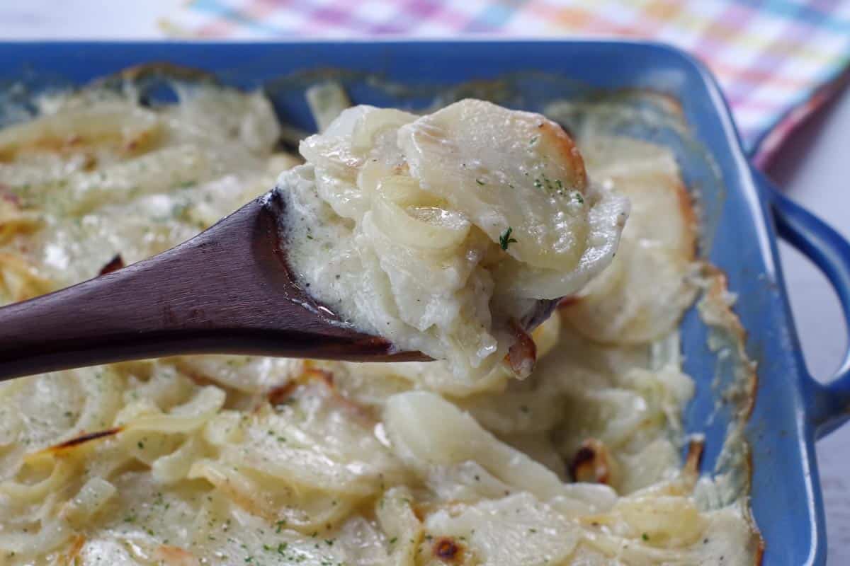 spoonful of scalloped potatoes being held above whole dish of them