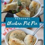 top photo of chicken pot pie with a spoon scooping out some and bottom photo of chicken pot pie in a mug with spoon