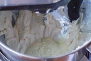 melted white chocolate mixed into the cheesecake mixture in the stand mixture