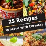 collage of 4 photos of what to serve with carnitas with white and orange text on a black circle