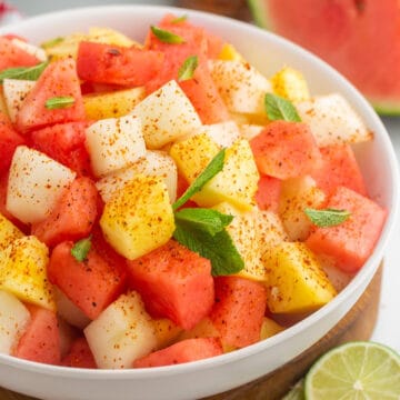 Mexican Fruit Salad in a white bowl