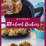 2 photos of rhubarb oatmeal cookies with text in the middle. Top photo is cookie being dipped into cup of coffee and second photos is a cookie broken in half on a piece of parchment paper
