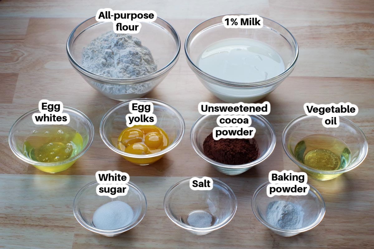 Belgian chocolate waffle ingredients in glass bowls, labelled