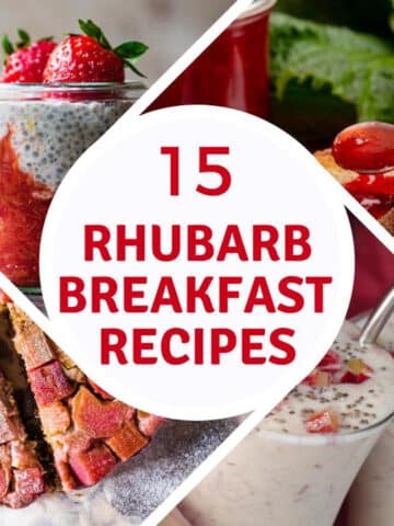 collage of 4 photos of breakfast rhubarb recipes, with red text on white background